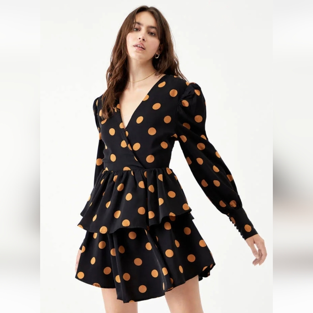 Anthropologie En Saison Long Sleeve Tiered Dot Mini Dress Medium Black/Orange